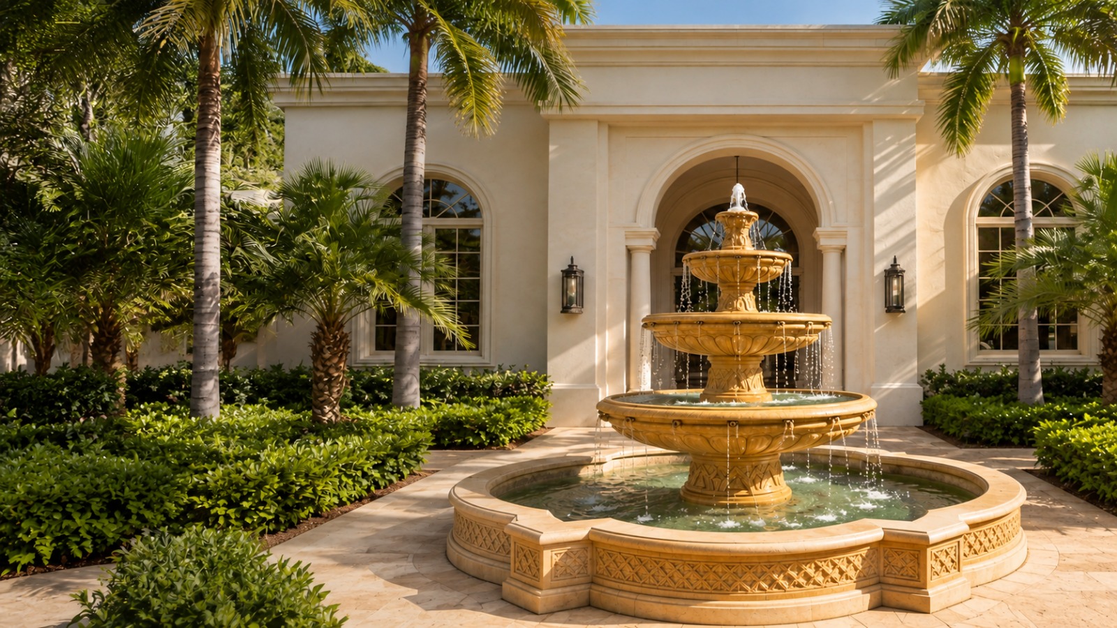 Classical tiered stone fountain in front of a luxury estate entrance
